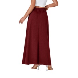 Vrtige Women's Casual Elastic High Waist Flowy Hem A Line Maxi Skirt with Pockets Burgundy Medium