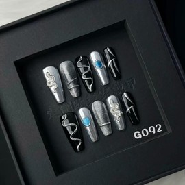 100% 5D Handmade Press on Nails with Snake Charms Medium Coffin Nails Press ons Balck Silver False Nails Cruve Line Press on Nails Fall Fake Nails for Women Girls Daily Wear DIY Manicure Size M