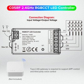 SEZO C05RF 2.4GHz RGBCCT LED Controller Multiple Color Modes Controlled by RC03RFB RF Remote/Tuya 2.4GHz Gateway for 5050 FCOB RGB+CCT LED Strip DC5-24V Max 12A (Remote/Gateway Not Included)