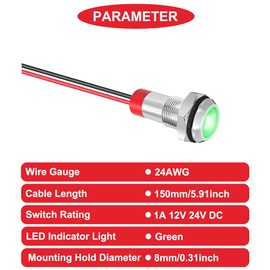 MKBKLLJY 6Pcs 8mm DC 12-24V Green LED Metal Indicator Light Waterproof Signal Lamp with 150mm Cable Length Metal LED Indicator Light and Wiring Cap for Car Interior Trucks Boats Engine taillight