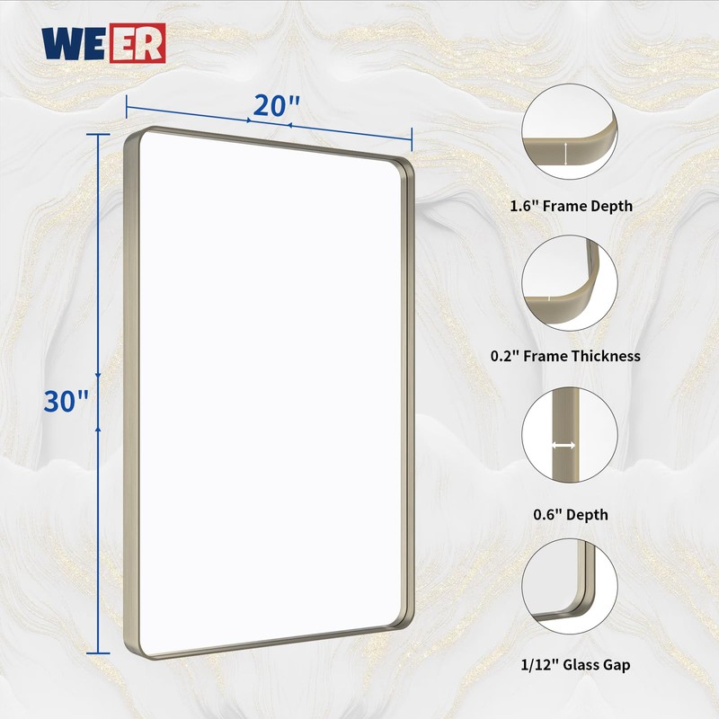 WEER 20X30 Inch Brushed Nickel Bathroom Mirror, Brushed Silver Metal