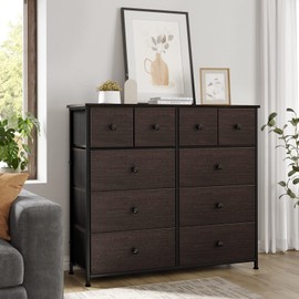 REAHOME Dresser for Bedroom with 10 Drawers, Wide Black Dresser with Wood Top, Fabric Storage Tower, Sturdy Steel Frame Storage Organizer for Living Room, Hallway, Entryway, Closets, Rustic Brown