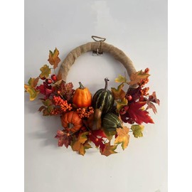 NeoL‘artes Farmhouse Fall Harvest Wreath with Pumpkins, Gourds, Maple Leaves, and Berries, Burlap Hoop, Autumn Door Decor