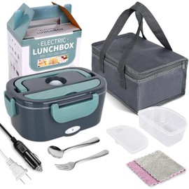 Lonchera Eléctrica, Fiambrera Eléctrica, Caja de Lonchera Electrica Enchufable de Almuerzo de Calefacción Portatil, 1.5 L, 60W, 12/24/110 V Trabajo con Bolsa de Transporte, Tenedor y Cuchara (azul)