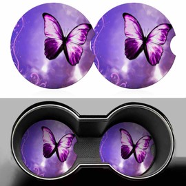 Purple Butterfly Car Cup Holder Coaster 2 Pack Absorbent Ceramic Car Coasters for Cup Holders Car Accessories Interior for Women Men Universal Anti Slip Cork Base Cup Coasters with Finger Notch