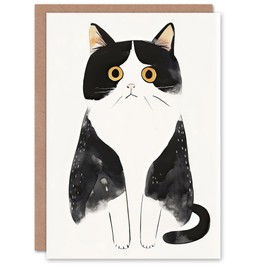 Artery8 Greeting Card Tuxedo Cat Lover Cute Black White Pet Yellow Eyes Blank For Him Or Her Art Birthday Card