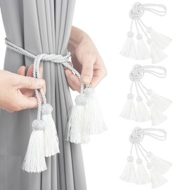 Porlau Elegant Curtain Tiebacks Rope Decorative Curtain Tie Backs for Drapes Hand Woven Window Treatment Holdbacks with Tassel, White 6pack