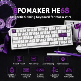 EPOMAKER EPOMAKER HE68 Hall Effect Keyboard, 8000hz Polling, 0.01mm Adjustable Trigger, 0.125ms Latency, Creamy Gasket, Snap Key, SOCD, RGB, Wired Magnetic Gaming Keyboard for Mac/PC (White)