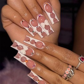 Square Press on Nails Long Fake Nails White French Tip Glue on Nails 3D Bow Cute Acrylic Nails Rhinestone Design Manicure Artificial False Nails for Women and Girls 24 Pcs (White-18, style-18)