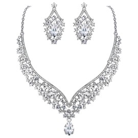 Ever Faith Bridal V-Shape Teardrop Jewelry Set For Bride Bridesmaid Necklace Earrings Flow Crystal Elegant for Women Silver-Tone