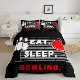 Feelyou Bowling Comforter Set Sports Comforter for Kids Boys Girls Eat Sleep Bowling Bedding Set Black with 1 Pillowcase Twin Size