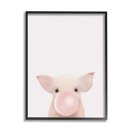 Stupell Industries Baby Farm Piglet with Pink Bubble Gum, Design by Leah Straatsma Black Framed Wall Art, 24x30, Grey
