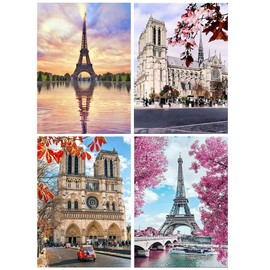 DCIDBEI 30 x 40 cm Set of 4 Diamond Painting Round Diamond Painting 5D Landscape Travel in Paris, Gothic and Baroque, Gift for Birthday/Party/Wedding/Wall Decoration World Architecture
