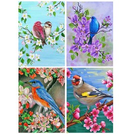 Pack of 4 Diamond Painting Birds 30 x 40 cm 5D Diamond Painting Pictures DIY Diamond Painting Arts Craft Children's Room Wall Decoration Diamond Painting Bird Flowers for Adults Children Beginners