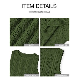 KIRUNDO Beach Cover Ups for Women 2025 Summer Crochet Knit Sweater Vest Mesh Hollow Out Crop Sleeveless Shirts Swimsuit(Army Green, Large)