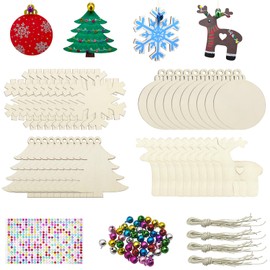 Hidreas 40 Pcs Wooden Ornaments Unfinished Christmas DIY Ornaments Craft Kit, Christmas Wood Ornaments with Bells, Wax Rope and Rhinestone Stickers for Children Arts and Crafts Supplies