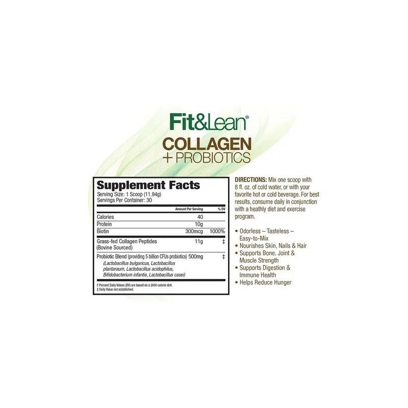 Colágeno + Probióticos Fit & Lean Sin Sabor, Polvo Nutricional