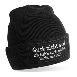 Herzbotschaft Beanie Knitted Hat with Saying | Guck Nicht so! | Choice of Colours | Unisex SoftTouch Pleasantly Soft and Warm Winter Hat | One Size Fits All Adults, black