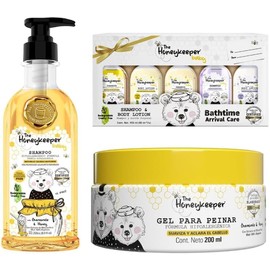The Honey Keeper Baby Shampoo Chamomile & Honey 250 ml + The Honeykeepeer, Bathtime Arrival Care, 5 pzs 450 ML + Gel Capilar The Honeykeeper manzanilla y miel 200 ml