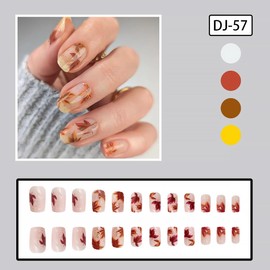 24Pcs Fall Press on Nails Short Square Fake Nails Gold Maple Leaf Full Cover Artificial Thanksgiving Nails Glue on Nails with Glossy Design Autumn False Nails for Women Girls Acrylic Nails Decorations