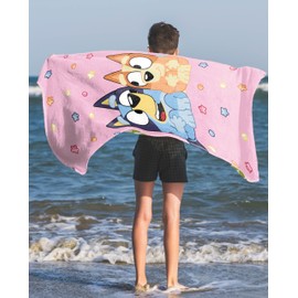 Jay Franco Bluey & Bingo Beach Towel - Pink Kids Super Soft & Absorbent 100% Cotton Towel for Bath and Pool, Measures 28 x 59