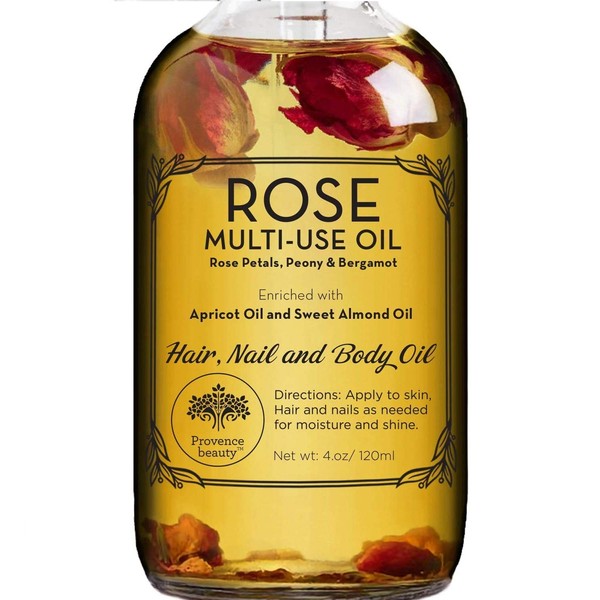 Rose Multi-Use Oil for Face, Body and Hair - Organic Blend of Apricot, Vitamin E and Sweet Almond Oil Moisturizer for Dry Skin, Scalp and Nails - Rose Petals, and Bergamot Essential Oil - 4 Fl Oz