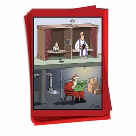 NobleWorks - 12 Funny Cartoon Christmas Cards with Envelopes - Funny Boxed Comic Humor, Holiday Greetings (1 Design, 12 Cards) - Santa Confessional C6250XSG-B12x1