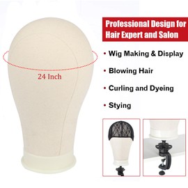 Xtrend 21-24 inch Poly Canvas Block Head Professional Mannequin Canvas Head for Making/Drying/Styling Wigs with Table Clamp Stand and T-Pins 24 Inches