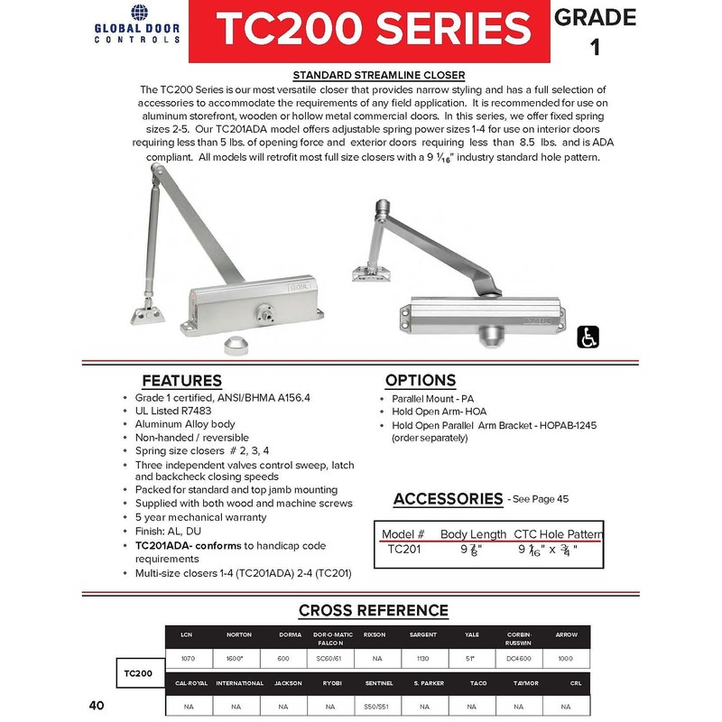 Global Door Controls Compact Commercial Door Closer in Aluminum with