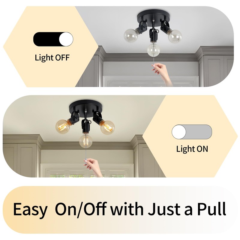 SEEBLEN 3 Light Flush Mount Ceiling Light with Pull Chain,