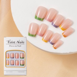 LBPEPAMZ Press on Nails Short Square Fake Nails Classic Colorful French Tip Glue on Nails Glossy Full Cover Acrylic Nails Stick on Nails Cute False Nails for Women Girls Manicure Decoration 24Pcs