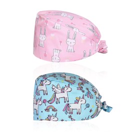 2 Pieces Dustproof Hats, Gourd Hats, Printed Turban Hats, Adjustable Cotton Hoods, Cute Hats, Surgical Hoods, Suitable for Hospitals, Hotels, Home Cleaning (Blue + Pink)