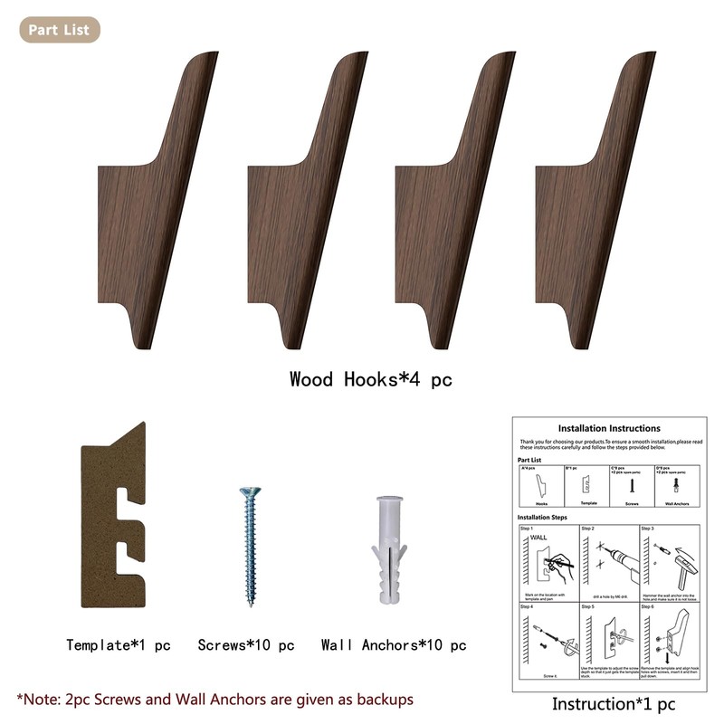 FCOWK Wall Hooks 4 Pack Coat Hooks Mounted Walnut Wood