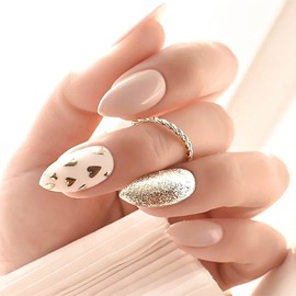 RUOKEXIN Valentines Day Press on Nails Medium Almond Fake Nails Glitter False Nails with Heart Designs Sparkly Artificial Nails Valentines Glue on Nails Cute Holiday Stick on Nails for Women 24Pcs