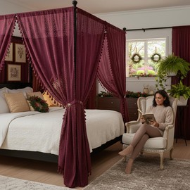 WAZZIO Boho Lace Curtains 84 Inches 2 Panel,Light Filtering Privacy Tassel & Geometry Crochet Semi Sheer Curtain Drapes for Bedroom Living Dining Room,Rod Pocket & Tassel,Burgundy Red