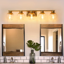 PAZALA Brushed Brass Bathroom Light Fixtures Over Mirror 5-Lights Vanity Light Wall Sconce with Globe Glass Shade E26 Base Perfect for Hallway Picture Wall Lighting Bathroom Bedroom Mirror Living Room
