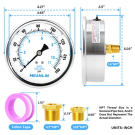 MEANLIN MEASURE 0~160Psi Stainless Steel 1/4" NPT 2.5" FACE DIAL Liquid Filled Pressure Gauge WOG Water Oil Air Center Back Mount, with 1/2" NPT and 3/8" NPT Hex Bushing