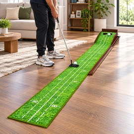 Golf Putting Mat with Wooden Automatic Ball Return, 2-Hole Indoor and Outdoor Putting Green Practice Set