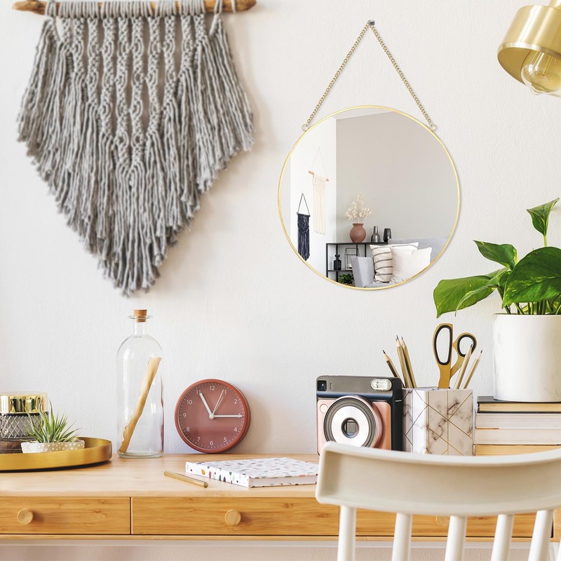 LONGWIN Hanging Wall Circle Mirror Decor Gold Geometric Mirror with