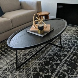 Modern Coffee Table, Oval Wood Coffee Table Center Table with Metal Leg for Living Room, 47 Inch Coffee Table Accent Furniture (Oval Coffee Table, Black)