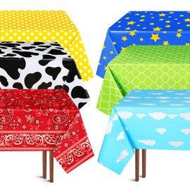 Remagr 6 Pcs Cartoon Story Tablecloth Set 54 x 108 Inches Birthday Party Plastic Tablecloth Cow Cloud Print Rectangular Table Cover Colorful Plastic Table Cloth for Boy Baby Shower