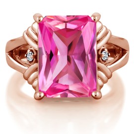 Gem Stone King 18K Rose Gold Plated Silver Pink Created Sapphire and White Topaz Engagement Ring For Women (10.04 Cttw, Gemstone September Birthstone, Emerald Cut 14X10MM, Size 7)