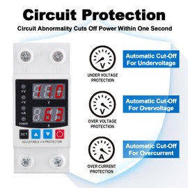 Smart Circuit Breaker with Energy Monitoring - Adjustable 1-63 Amp AC110V DC85-300V Over/Under Voltage & Overcurrent Protection Intelligent Relay Reset Protector，Din Rail Mount