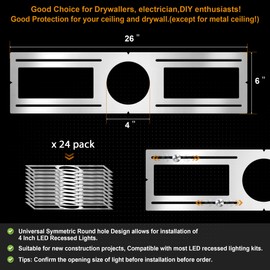 New Construction Mounting Plate, 4 Inch, LED Recessed Lighting Housing Kits, Flat Steel Rough in Bracket Fixture for LED Light Bar, 24PC Shallow Recessed Lighting Housing Plate