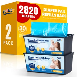 FURWEY Diaper Pail Refill Bags 30 Bags Per Refill Holds Up to 2820 Newborn Diapers 7 Layer Odor Barrier Technology 2PACK (60 Bags)