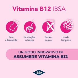 Vitamina B12 IBSA - 30 Film Orodispersibili. Integratore alimentare a base di Vitamina B12 che contribuisce al normale metabolismo energetico. Gusto Lampone