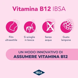 Vitamina B12 IBSA - 30 Film Orodispersibili. Integratore alimentare a base di Vitamina B12 che contribuisce al normale metabolismo energetico. Gusto Lampone