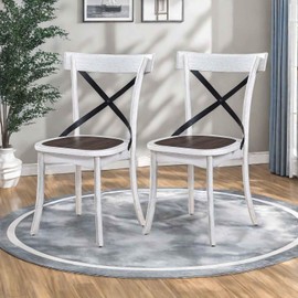 FRITHJILL Set of 2 Farmhouse Dining Chairs, Rustic White Wooden Cross-Back Chairs with Metal Accents and Dark Walnut Seat, Perfect for Kitchen, Dining Room, or Cafe