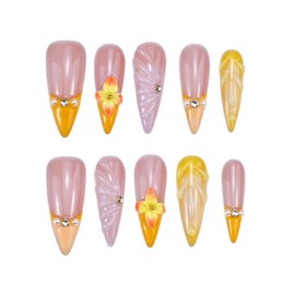 ArtiPrint Press-On Nails French Water Drop Shape with Handcrafted Floral Design, Women's Manicure Set for Daily Wear, Parties, and Outings (Yellow, XS)