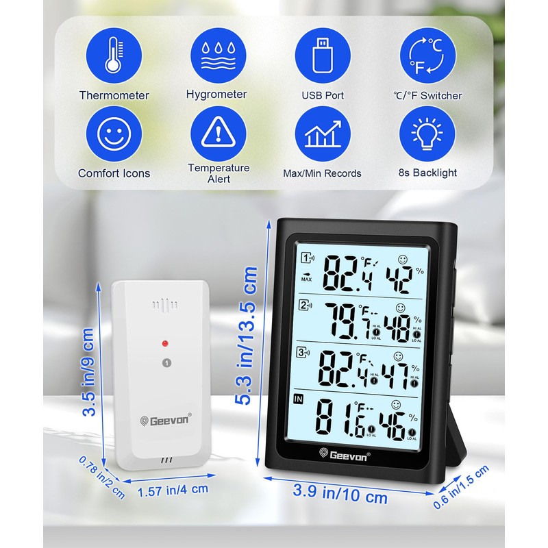 Geevon Weather Stations Wireless Indoor Outdoor Thermometer with 3 Outdoor
